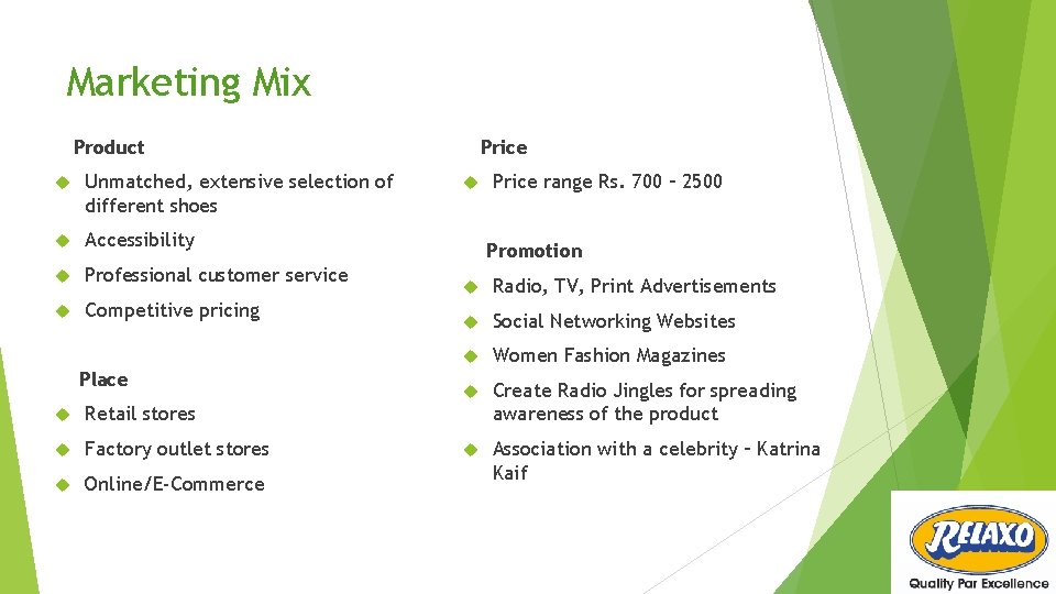 Marketing Mix Product Unmatched, extensive selection of different shoes Accessibility Professional customer service Competitive