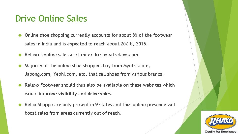 Drive Online Sales Online shopping currently accounts for about 8% of the footwear sales