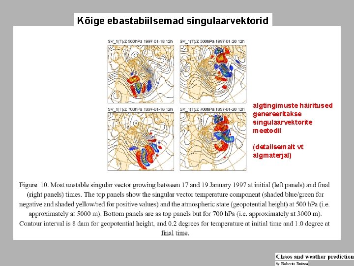 Kõige ebastabiilsemad singulaarvektorid algtingimuste häiritused genereeritakse singulaarvektorite meetodil (detailsemalt vt algmaterjal) 