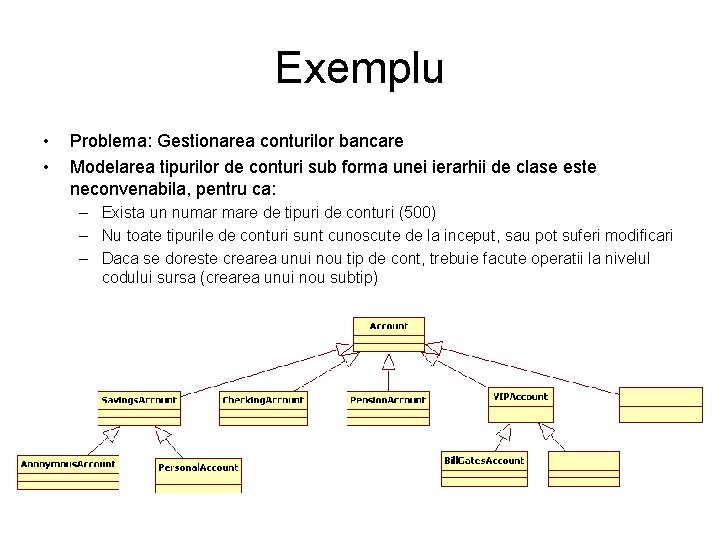 Exemplu • • Problema: Gestionarea conturilor bancare Modelarea tipurilor de conturi sub forma unei