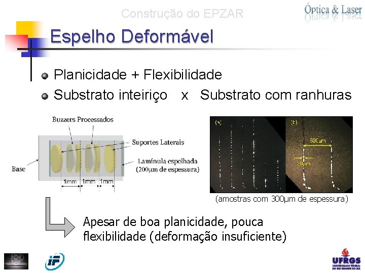 Construção do EPZAR Espelho Deformável Planicidade + Flexibilidade Substrato inteiriço x Substrato com ranhuras