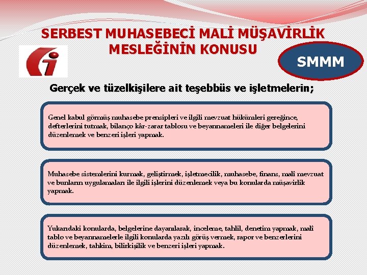 SERBEST MUHASEBECİ MALİ MÜŞAVİRLİK MESLEĞİNİN KONUSU SMMM Gerçek ve tüzelkişilere ait teşebbüs ve işletmelerin;