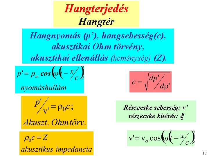 Hangterjedés Hangtér Hangnyomás (p’), hangsebesség(c), akusztikai Ohm törvény, akusztikai ellenállás (keménység) (Z). Részecske sebesség: