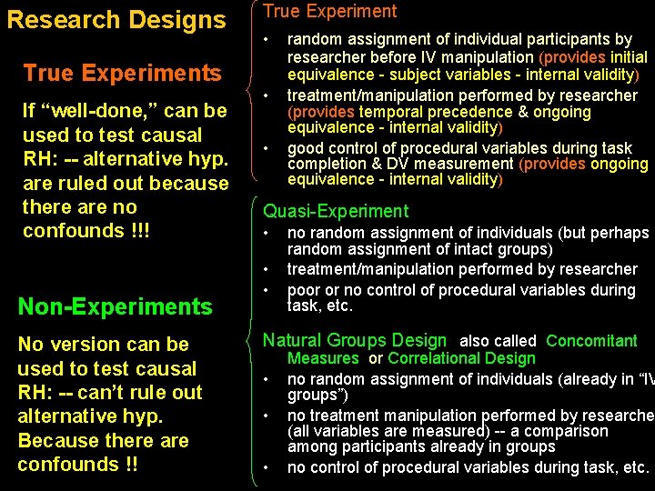 Research Designs True Experiment • True Experiments If “well-done, ” can be used to