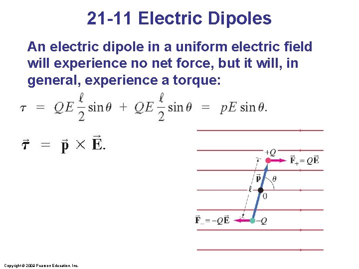 21 -11 Electric Dipoles An electric dipole in a uniform electric field will experience