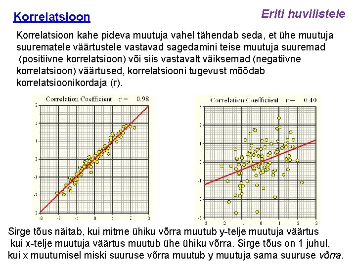 Korrelatsioon Eriti huvilistele Korrelatsioon kahe pideva muutuja vahel tähendab seda, et ühe muutuja suurematele