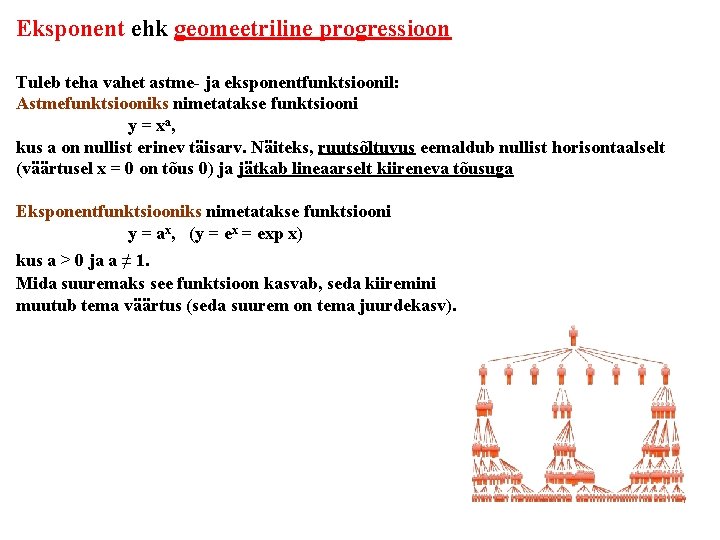 Eksponent ehk geomeetriline progressioon Tuleb teha vahet astme- ja eksponentfunktsioonil: Astmefunktsiooniks nimetatakse funktsiooni y