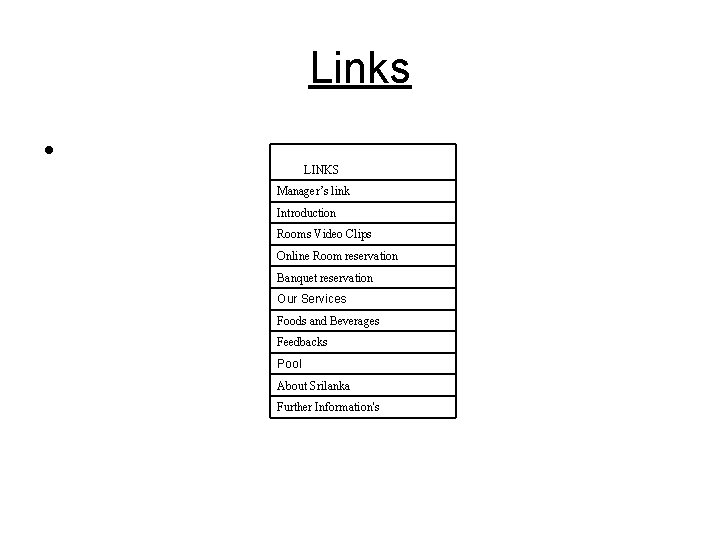 Links • LINKS Manager’s link Introduction Rooms Video Clips Online Room reservation Banquet reservation