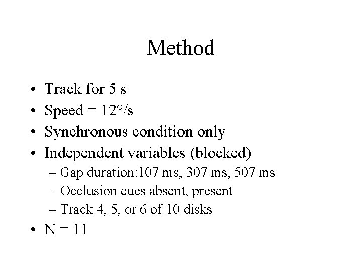 Method • • Track for 5 s Speed = 12°/s Synchronous condition only Independent