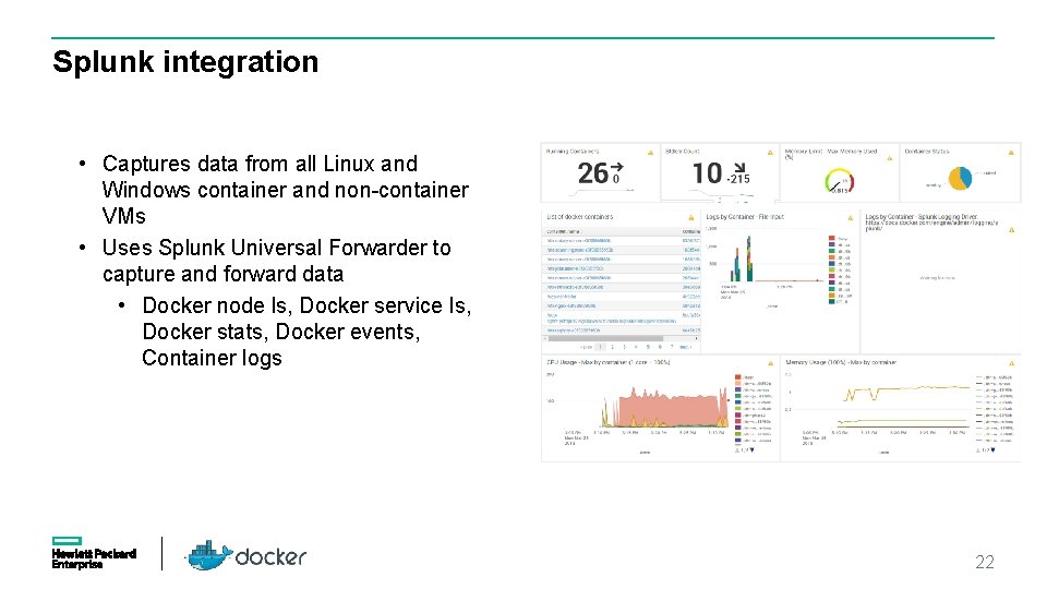 Splunk integration • Captures data from all Linux and Windows container and non-container VMs Splunk integration • Captures data from all Linux and Windows container and non-container VMs