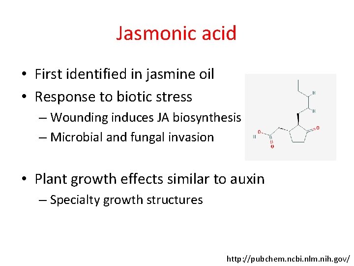 Jasmonic acid • First identified in jasmine oil • Response to biotic stress –