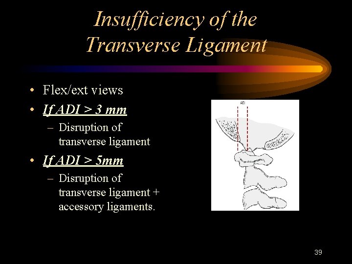 Insufficiency of the Transverse Ligament • Flex/ext views • If ADI > 3 mm