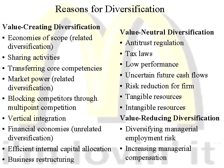 Reasons for Diversification Value-Creating Diversification • Economies of scope (related diversification) • Sharing activities