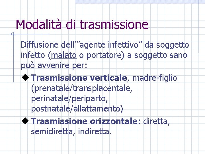 Modalità di trasmissione Diffusione dell’”agente infettivo” da soggetto infetto (malato o portatore) a soggetto