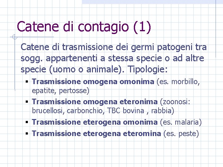 Catene di contagio (1) Catene di trasmissione dei germi patogeni tra sogg. appartenenti a