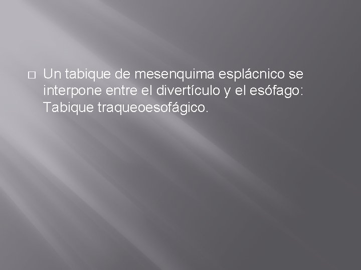 � Un tabique de mesenquima esplácnico se interpone entre el divertículo y el esófago: