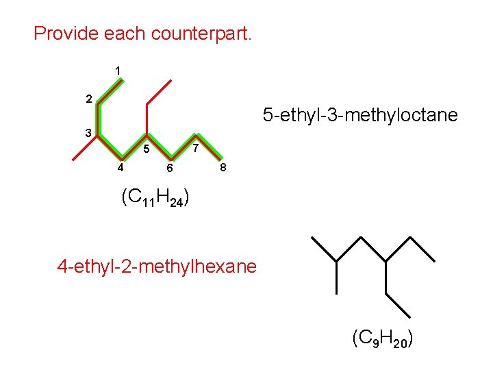 Provide each counterpart. 1 2 5 -ethyl-3 -methyloctane 3 7 5 4 6 8