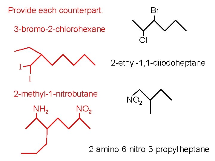 Provide each counterpart. Br 3 -bromo-2 -chlorohexane Cl 2 -ethyl-1, 1 -diiodoheptane I I
