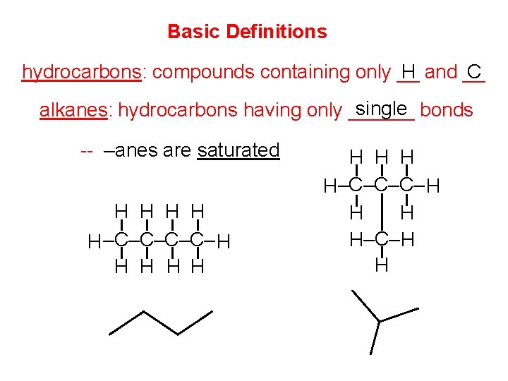 Basic Definitions hydrocarbons: compounds containing only __ H and __ C single bonds alkanes: