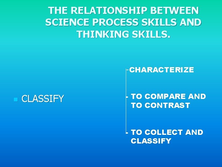 THE RELATIONSHIP BETWEEN SCIENCE PROCESS SKILLS AND THINKING SKILLS. -CHARACTERIZE n CLASSIFY - TO