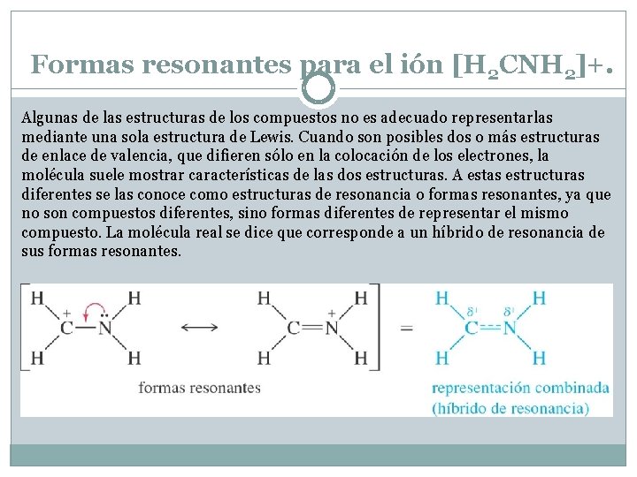 Formas resonantes para el ión [H 2 CNH 2]+. Algunas de las estructuras de