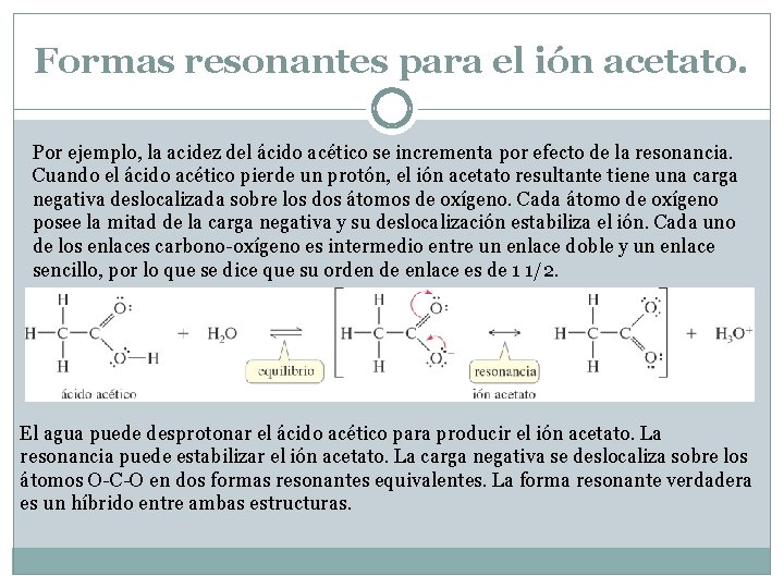 Formas resonantes para el ión acetato. Por ejemplo, la acidez del ácido acético se Formas resonantes para el ión acetato. Por ejemplo, la acidez del ácido acético se