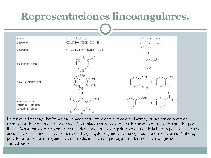 Representaciones lineoangulares. La fórmula lineoangular (también llamada estructura esquelética o de barras) es una Representaciones lineoangulares. La fórmula lineoangular (también llamada estructura esquelética o de barras) es una