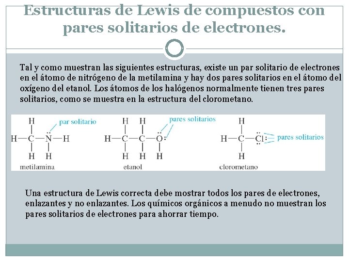 Estructuras de Lewis de compuestos con pares solitarios de electrones. Tal y como muestran Estructuras de Lewis de compuestos con pares solitarios de electrones. Tal y como muestran