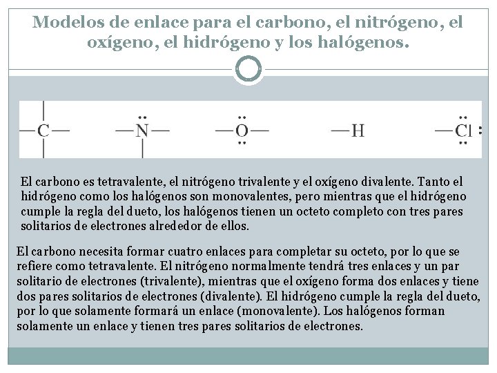 Modelos de enlace para el carbono, el nitrógeno, el oxígeno, el hidrógeno y los Modelos de enlace para el carbono, el nitrógeno, el oxígeno, el hidrógeno y los