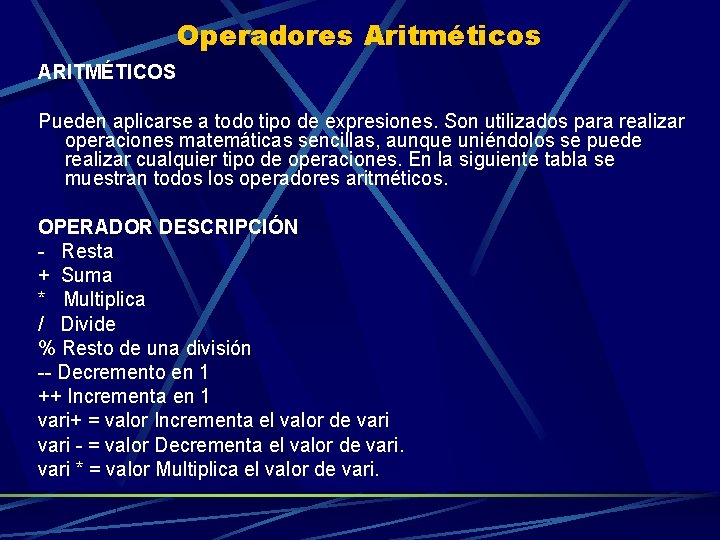 Operadores Aritméticos ARITMÉTICOS Pueden aplicarse a todo tipo de expresiones. Son utilizados para realizar
