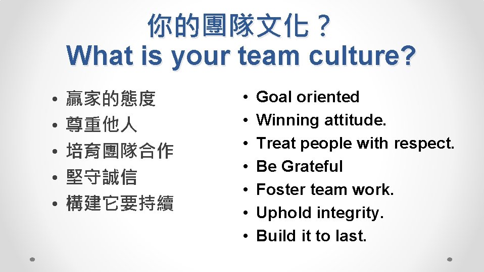 你的團隊文化？ What is your team culture? • • • 贏家的態度 尊重他人 培育團隊合作 堅守誠信 構建它要持續