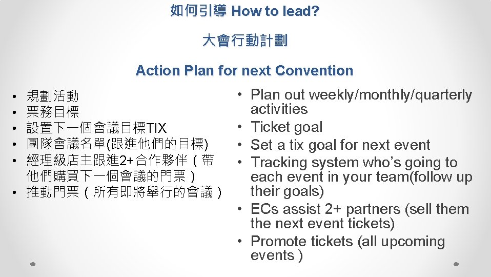 如何引導 How to lead? 大會行動計劃 Action Plan for next Convention 規劃活動 票務目標 設置下一個會議目標TIX 團隊會議名單(跟進他們的目標)