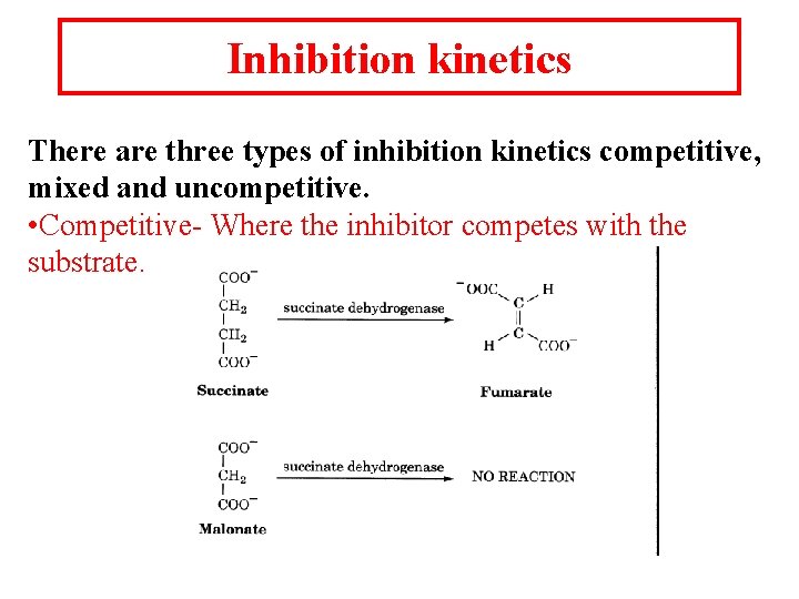 Inhibition kinetics There are three types of inhibition kinetics competitive, mixed and uncompetitive. •