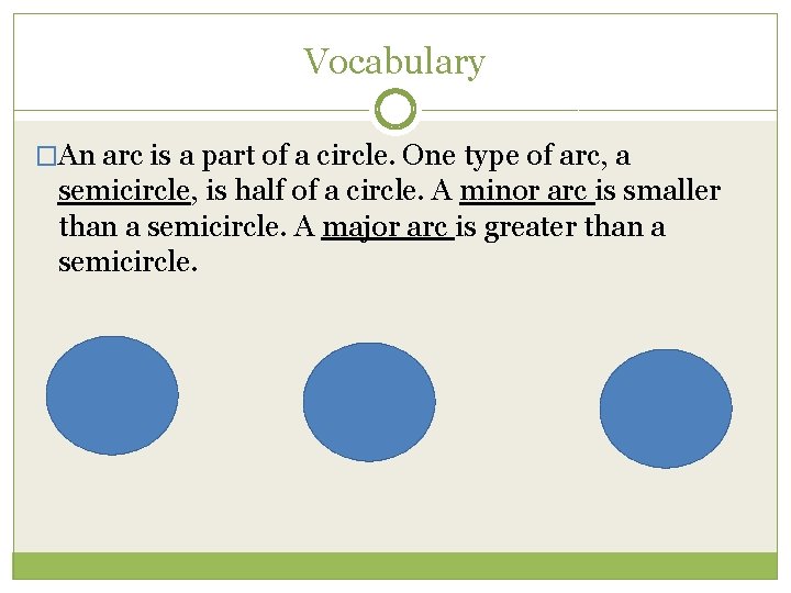 Vocabulary �An arc is a part of a circle. One type of arc, a