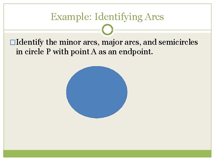 Example: Identifying Arcs �Identify the minor arcs, major arcs, and semicircles in circle P