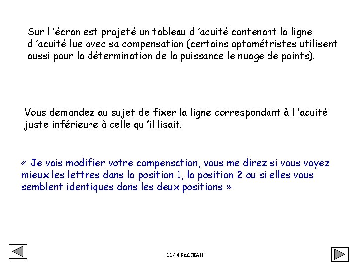 Sur l ’écran est projeté un tableau d ’acuité contenant la ligne d ’acuité Sur l ’écran est projeté un tableau d ’acuité contenant la ligne d ’acuité