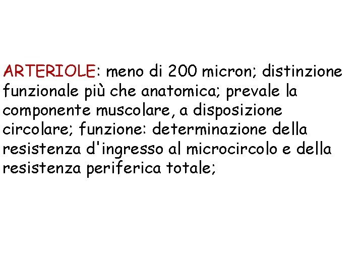 ARTERIOLE: meno di 200 micron; distinzione funzionale più che anatomica; prevale la componente muscolare,