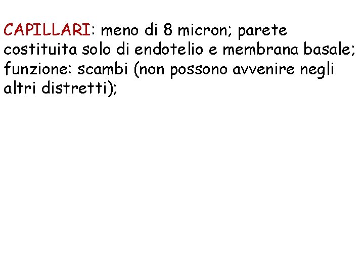 CAPILLARI: meno di 8 micron; parete costituita solo di endotelio e membrana basale; funzione: