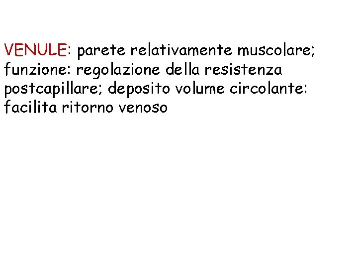 VENULE: parete relativamente muscolare; funzione: regolazione della resistenza postcapillare; deposito volume circolante: facilita ritorno VENULE: parete relativamente muscolare; funzione: regolazione della resistenza postcapillare; deposito volume circolante: facilita ritorno