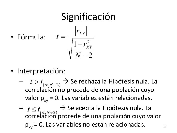 Significación • Fórmula: • Interpretación: Se rechaza la Hipótesis nula. La correlación no procede