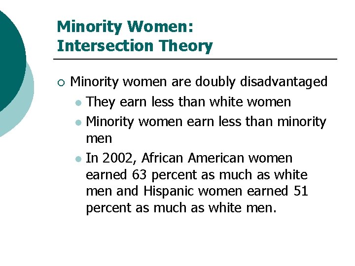 Minority Women: Intersection Theory ¡ Minority women are doubly disadvantaged l They earn less