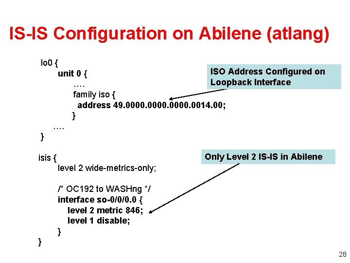 IS-IS Configuration on Abilene (atlang) lo 0 { ISO Address Configured on unit 0