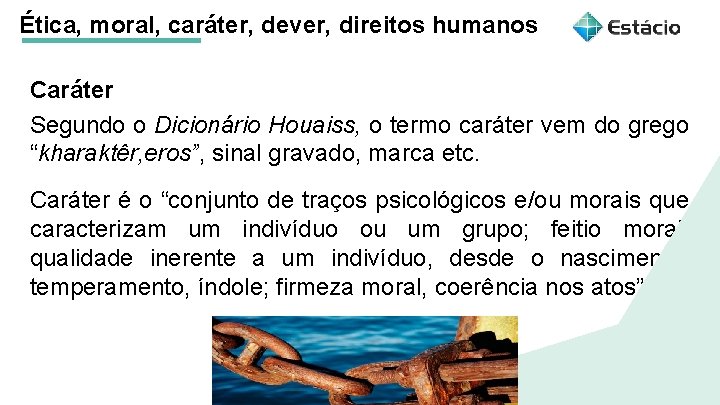 Ética, moral, caráter, dever, direitos humanos Caráter Segundo o Dicionário Houaiss, o termo caráter