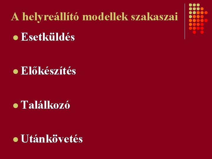 A helyreállító modellek szakaszai l Esetküldés l Előkészítés l Találkozó l Utánkövetés 