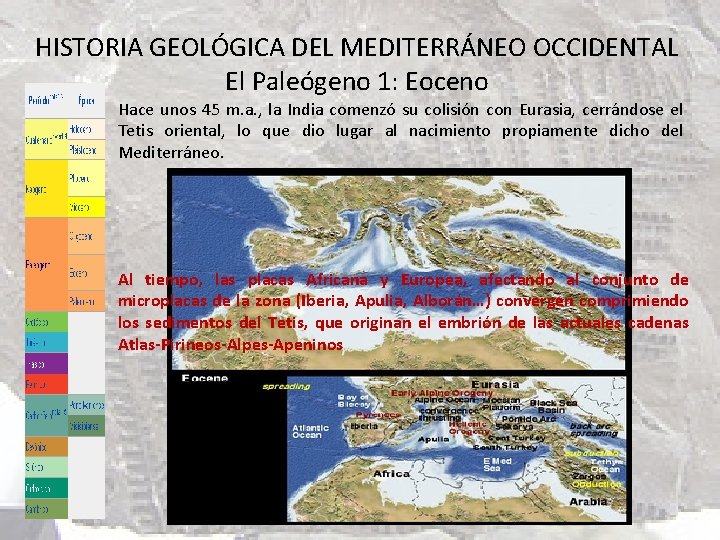 HISTORIA GEOLÓGICA DEL MEDITERRÁNEO OCCIDENTAL El Paleógeno 1: Eoceno Hace unos 45 m. a.