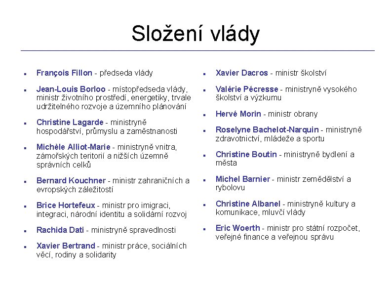 Složení vlády _________________________________________________________________ François Fillon - předseda vlády Jean-Louis Borloo - místopředseda vlády, ministr