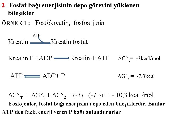 2 - Fosfat bağı enerjisinin depo görevini yüklenen bileşikler ÖRNEK 1 : Fosfokreatin, fosfoarjinin