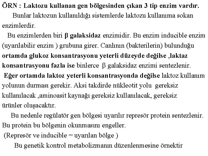 ÖRN : Laktozu kullanan gen bölgesinden çıkan 3 tip enzim vardır. Bunlar laktozun kullanıldığı ÖRN : Laktozu kullanan gen bölgesinden çıkan 3 tip enzim vardır. Bunlar laktozun kullanıldığı
