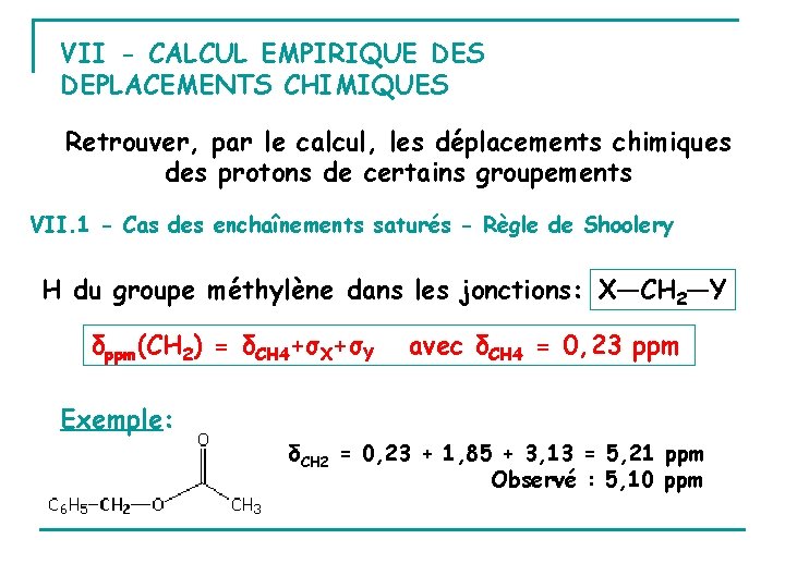 VII - CALCUL EMPIRIQUE DES DEPLACEMENTS CHIMIQUES Retrouver, par le calcul, les déplacements chimiques