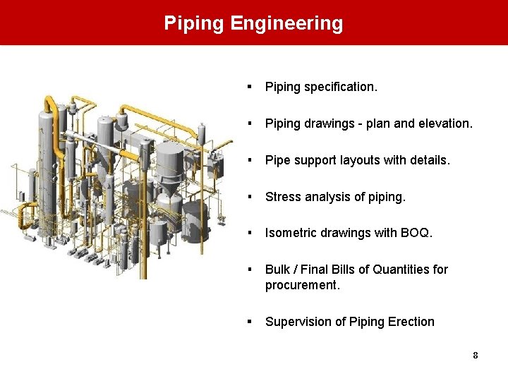 Piping Engineering § Piping specification. § Piping drawings - plan and elevation. § Pipe Piping Engineering § Piping specification. § Piping drawings - plan and elevation. § Pipe